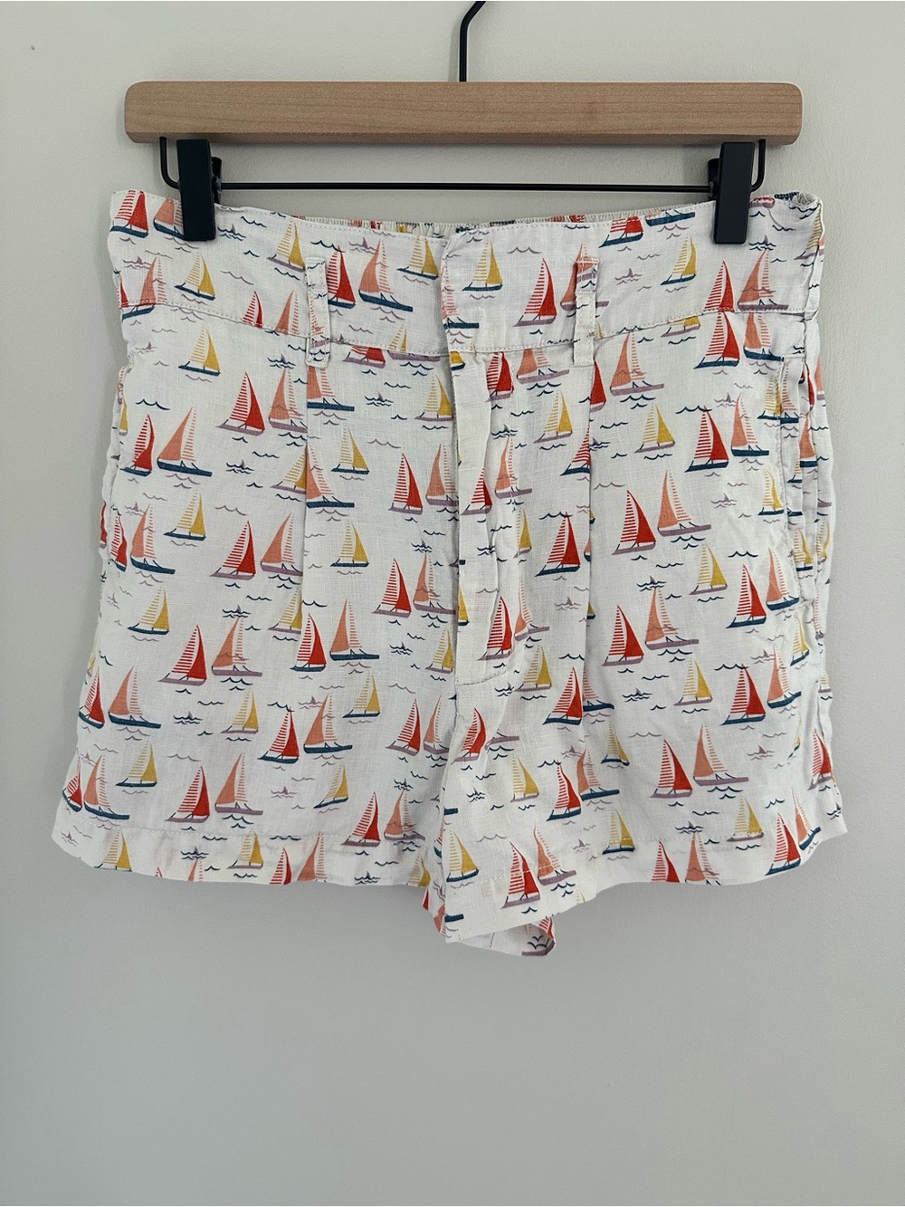 Cynthia Rowley White Linen Shorts with Red & Yellow Allover Sailboat Print